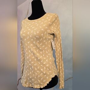 Billabong Ribbed Long Sleeve Top Floral Ruffle Hem NWT